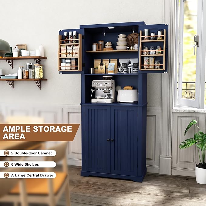 HLR 72" Kitchen Pantry Storage Cabinet, Freestanding Larder Cupboard, Kitchen Hutch Cabinet with Microwave Stand,Utility Pantry with Doors and Shelves for Dining Room, Living Room