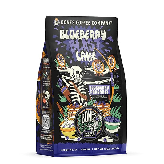 Bones Coffee Company Blueberry Blast Cake, Blueberry Pancakes Flavored Coffee, Medium Roast Low Acid Arabica Beans Compatible with Auto drip and French Press Coffee Maker, 12 Oz Ground