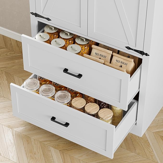 Pantry Organizers and Storage Cabinet, 71??Barn Door White Kitchen Cabinet with Drawers and Adjustable Shelf, Tall Pantry for Kitchen, Dining Room, Living Room. Bathroom and Office