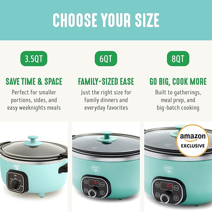 GreenLife 8QT Slow Cooker, Non-Toxic PFAS-Free Ceramic Nonstick Removable Interior Bowl, Programmable, Family Friendly, Keep Warm, Stovetop & Oven Safe, Dishwasher Safe Crock, Glass Lid, Turquoise