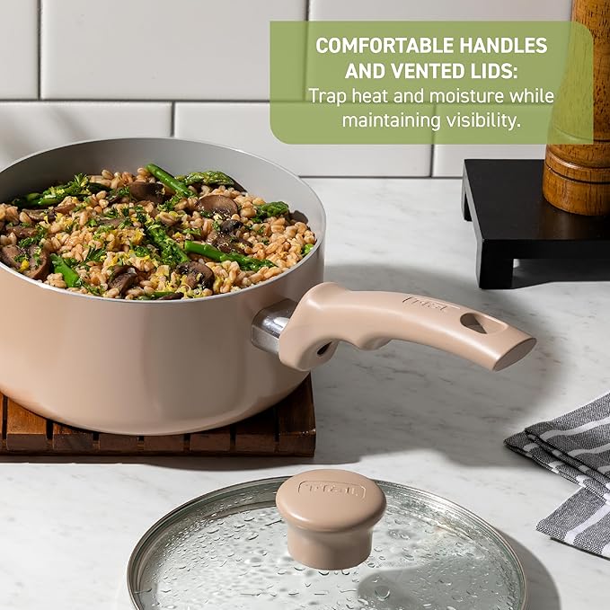 T-Fal Refresh Ceramic Nonstick Cookware Set, Oven Safe Up to 350쨘F, 12-Piece, Includes Stockpot, Griddle, Frying Pans, Utensils, Ceramic Pots and Pans Set, Mint Green