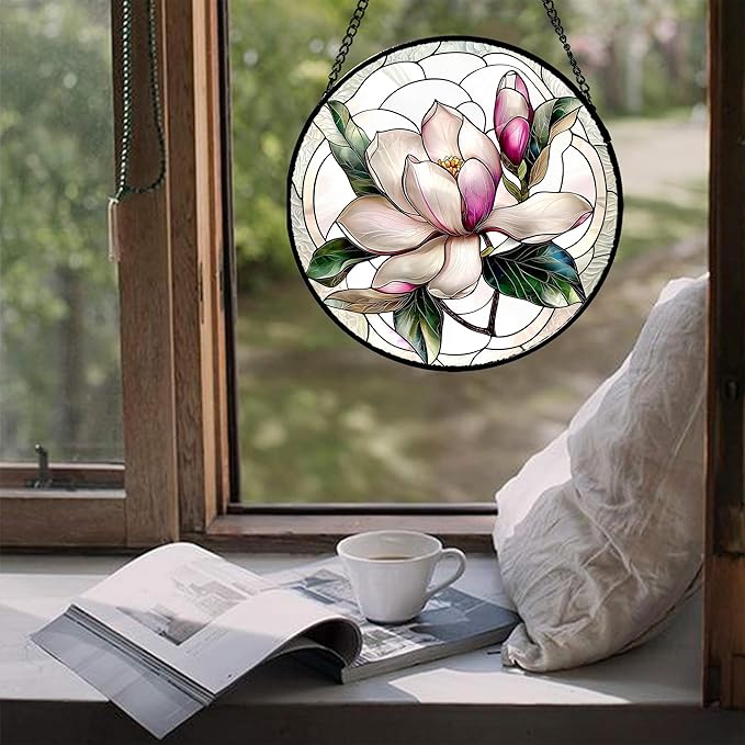 Stained Glass Window Hanging - Pink Magnolia Flower Petal Suncatcher for Doors Window Home Sun Catchers Decor Christmas Mother's Day Birthday Gifts for Teacher Women Men Mom Nana 9.8 in