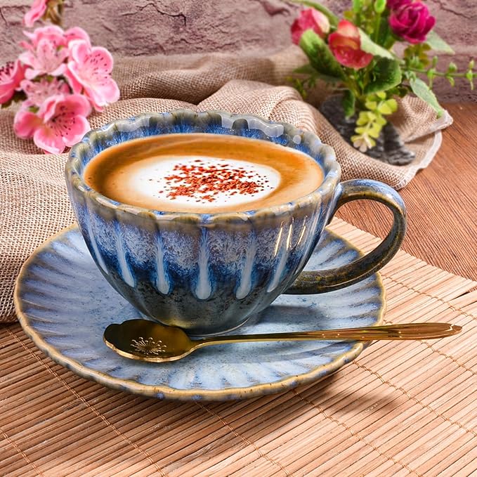 Ceramic Floral Coffee Mug with Saucer Set and Spoon - Vintage Glazed Tea Cup & Coaster for Cafe/Home/Office Blue