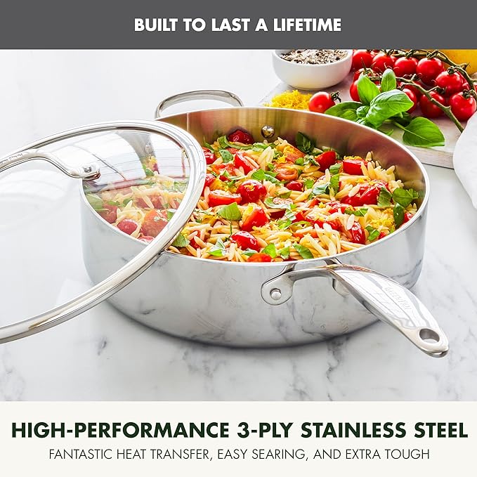 GreenPan Valencia Tri-Ply Stainless Steel 5QT Saute Pan with Lid, Induction Ready, Mirror Finish, Dishwasher Safe & Oven/Broiler Safe to 600F, Compatible with All Cooktops, Silver