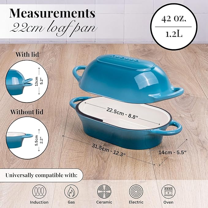 Dutch Oven For Sourdough Bread Baking ??Enamelled Cast Iron Bread Loaf Pot ??Oven Safe Non Stick Bread Pot ??Rectangular,Light Blue, 24cm x 16cm ??by Nuovva