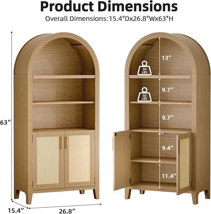 Arched Kitchen Pantry for, 63" Tall Wooden Entryway Storage Cabinet with 2 Doors & 5 Tier Adjustable Shelves, Versatile Farmhouse Hallway Organizer for Entryway, Bedroom, Dining Room