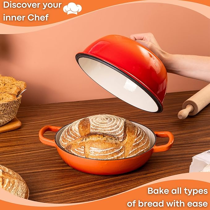 Enamelled Cast Iron Dutch Oven Pot ??Dutch Oven For Sourdough Bread Baking ??Cast Iron Bread Pot ??Orange, 6 Quarts, 26cm ??by Nuovva