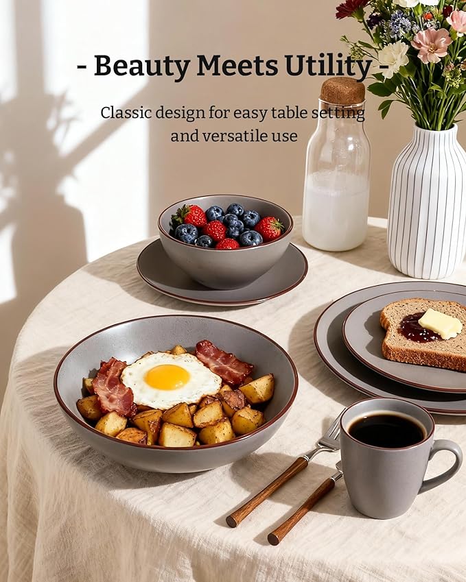 Famiware Venus Speckled Dinnerware Set with Pasta Bowls, Service for 4 (16 Pieces), Stoneware Plates and Double Bowls Sets, Microwave & Dishwasher-Safe Dishes with Trim, Matte Dark Grey