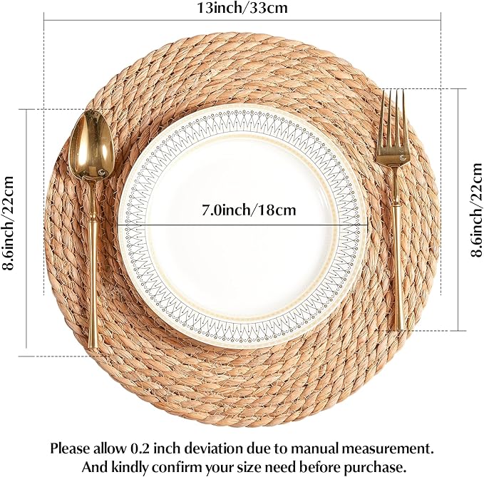 Round Woven Placemats 13 Inch Set of 10 - Boho Rattan Placemat Natural Water Hyacinth Placemats, Farmhouse Weave Place Mats, Rustic Braided Wicker Table Mats for Dining Table,Home,Wedding