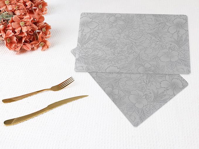DRMHM Set of 6 Faux Leather Flower Placemats for Kitchen Dining Table Decor, Washable Table Placemats Wipeable Table Mat 18 * 12in Gray