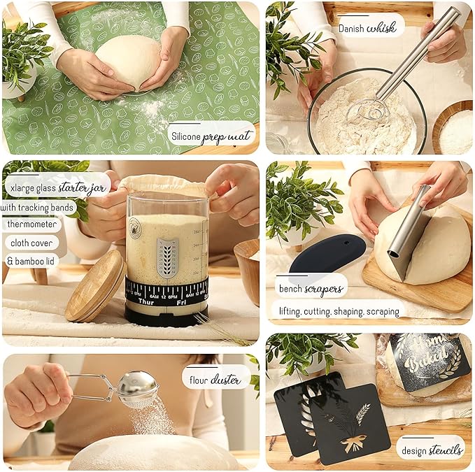 All-Inclusive ?뿣?뿥?뿕?뿞?뿙?뿨?뿞 Sourdough Starter Kit with Pot, 34 Oz Starter Jar, 4 Banneton Bread Proofing Baskets, Scraper, Scale, Sourdough Bread Baking Supplies, Detailed Beginner Guide & Recipes