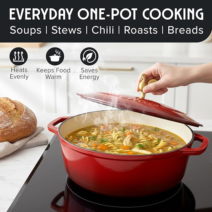 MUELLER HOME 5.5 Quart Enameled Cast Iron Oval Dutch Oven w Rooster Knob & Cotton Potholders, Heavy-Duty Cookware, Oven-Safe up to 500째 F & Across All Cooktops, Gifts for Grandma & Women, Red