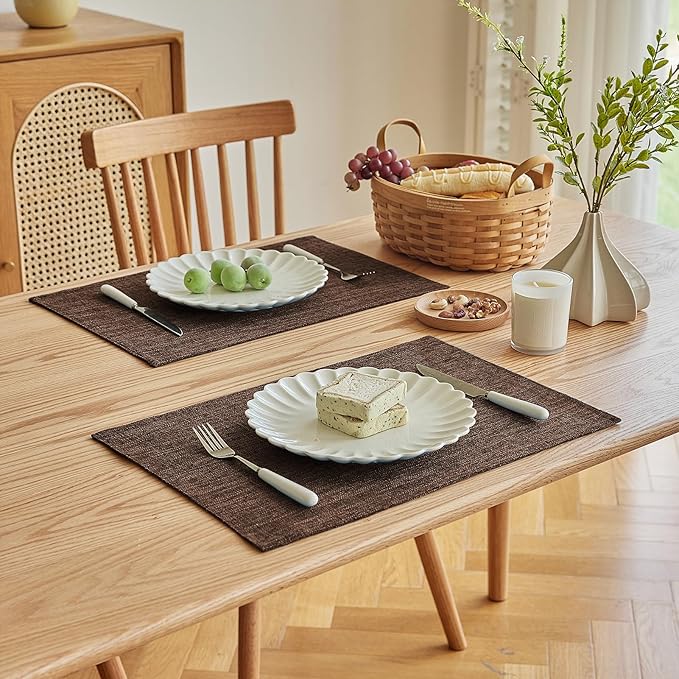 Softalker Faux Linen Placemats Set of 8-12 x 18 Inch, Heat Resistant Double Layered Durable Burlap Farmhouse Place Mats, Non-Slip Washable Rustic Table Mats for Dining, Kitchen, Party竊뉲ark Brown