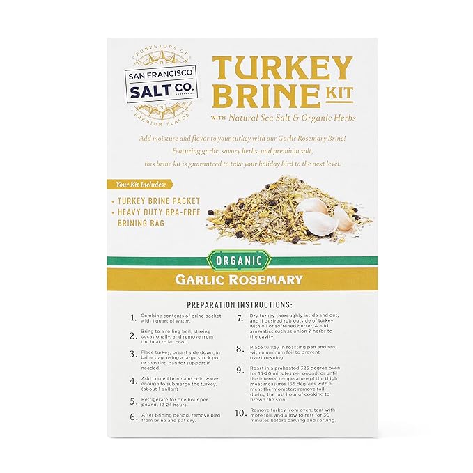 San Francisco Salt Company Organic Turkey Brine Kit ??13 oz Garlic & Rosemary Blend with BPA-Free Brine Bag ??Certified Organic & Kosher Seasoning for Whole, Smoked, Oven-Roasted, or