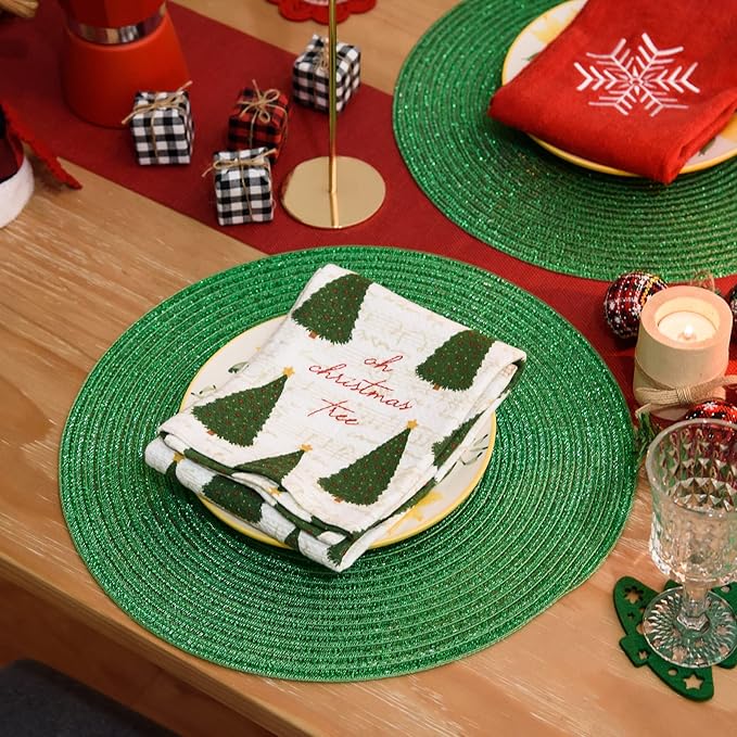 FunWheat Round Braided Placemats Set of 6 Table Mats for Dining Tables Woven Washable Non-Slip Place mats (Green Shining, 6pcs)
