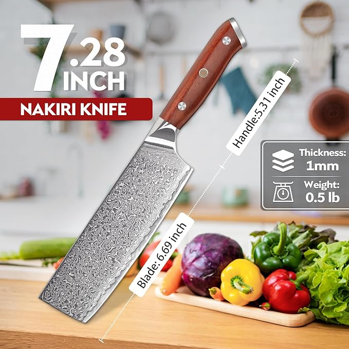 Purple Dragon Damascus Nakiri Knife, 7 Inch Meat Cleaver Knife VG10 Steel Kitchen Knives for Cutting Vegetables Chopping Meat Razor-Sharp Chef's Knives Christmas Gift for Men and Women