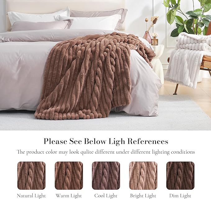 Am챕lie Home Faux Fur Throw Blanket for Couch, Cozy Fuzzy Fluffy Fur Luxurious Soft Striped Plush Gift Blankets for Family Sofa Chair Bedroom, 55"x70", Light Coffee