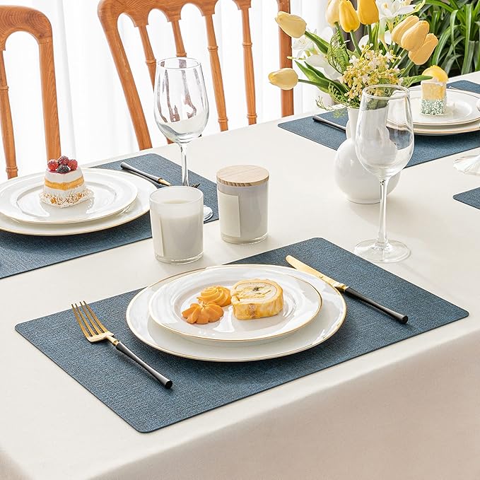Romanstile Vinyl Placemats Set of 6-12 X 17 Inch - Heat Resistant Place Mats 100% Waterproof Oilproof Wipeable Reversible Faux Leather Table Mats for Kitchen, Dining, Party, Outdoor, Navy Blue