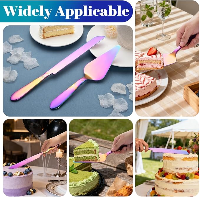 Cake Cutting Set for Wedding, Elegant Cake Knife and Server Set with Thickened Stainless Steel Rounded Edges, Cake Cutter and Pie Spatula for Birthday Anniversary, 2 Pcs, Multipurple