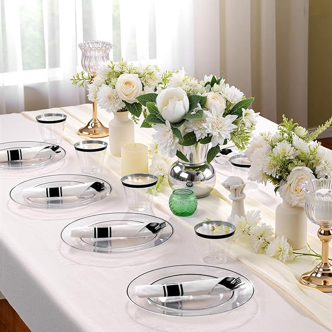 SUT 175 Pcs Black and Clear Plastic Dinnerware Set for 25 Guests, Include: 25 Dinner Plates, 25 Dessert Plates, 25 Pre Rolled Napkins With Silverware, 25 Cups, Disposable Plates for Party