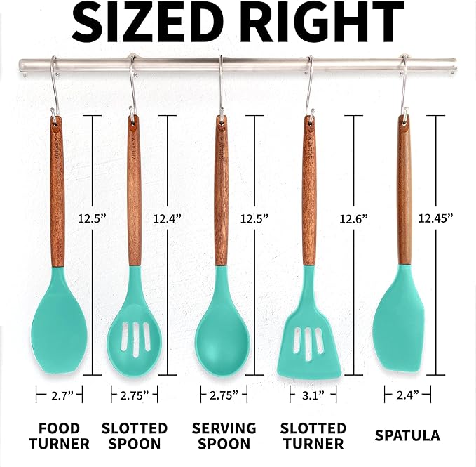 Zulay Kitchen Non-Stick Cooking Utensils Set with Authentic Acacia Wood Handles ??5-Piece Durable & Stylish Silicone Kitchen Utensils Set ??Heat Resistant to 464째F ??Mint