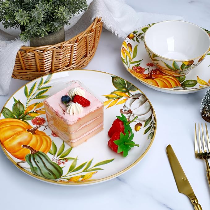 12-Piece Porcelain Dinnerware Set, Service for 4, Pumpkin Pattern Plates & Bowls, Microwave and Dishwasher Safe Dinnerware Set