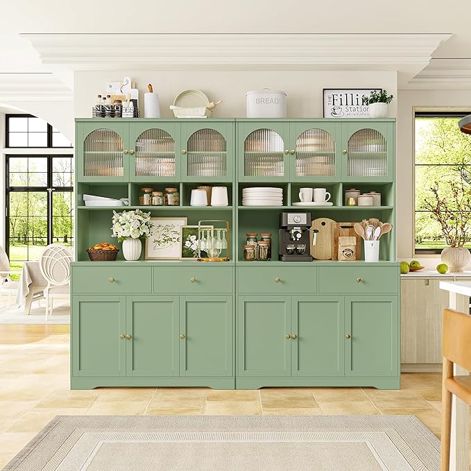 FINETONES 71" Pantry Cabinet, Tall Kitchen Pantry Storage Cabinet with Microwave Stand, Modern Kitchen Hutch Food Pantry with Open Countertop and Adjustable Shelf for Dining Room