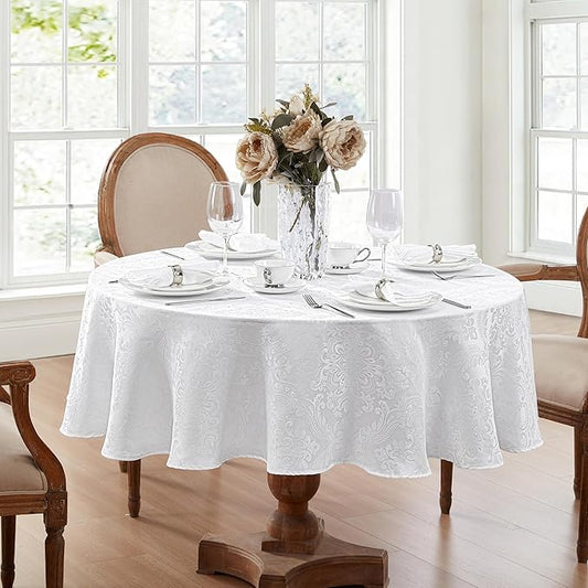 Elrene Home Fashions Caiden Elegance Damask Waterproof, Stain & Wrinkle Resistant Fabric Tablecloth, 70" Round, White