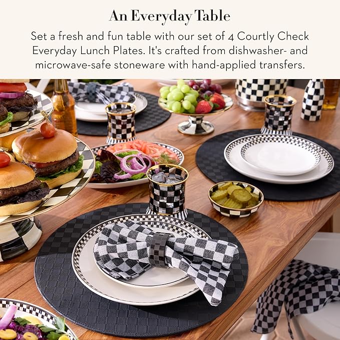 MACKENZIE-CHILDS Set of 4 Everyday Lunch Plates, Microwave-Safe and Dishwasher-Safe Stoneware Plates, Black-and-White Courtly Check