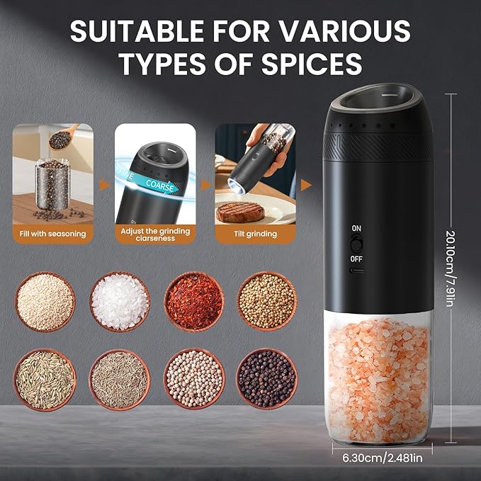 1 Pack Gravity Rechargeable Electric Salt and Pepper Grinder Set, Automatic Salt Pepper Shaker, LED Light One Hand Operation, Washable 176ML Container, Adjustable Coarseness, Black