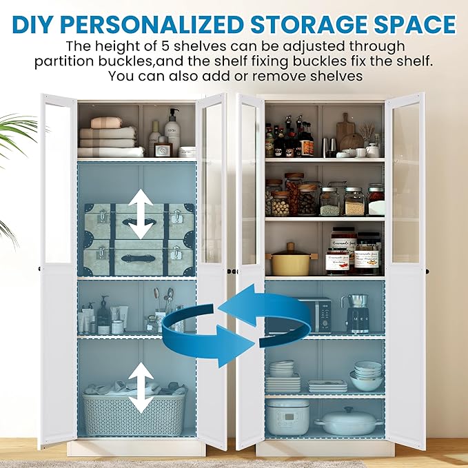 72" H White Steel Kitchen Pantry Cabinet with Glass & Metal, Steel Storage Cabinet with Adjustable Shelves, Heavy Duty Freestanding Utility Cabinet for Dining/Living Room, Assembly Required