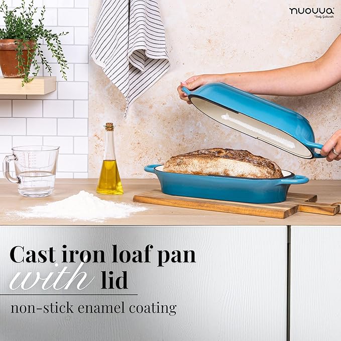 Enamelled Cast Iron Bread Loaf Pot ??Dutch Oven For Sourdough Bread Baking ??Oven Safe Non Stick Bread Pot ??Rectangular, Light Blue, 34cm x 16cm ??by Nuovva