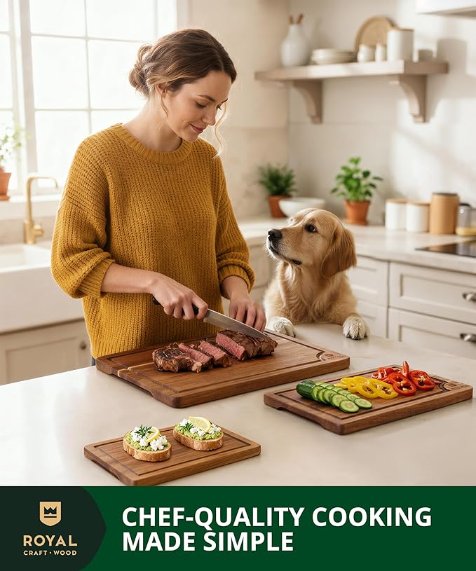 ROYAL CRAFT WOOD Acacia Wood Cutting Boards Set of 3 ??Premium Wooden Cutting Boards for Kitchen Meal Prep & Serving - Charcuterie & Chopping Butcher Block for Meat with Deep Juice Groove Side Handles