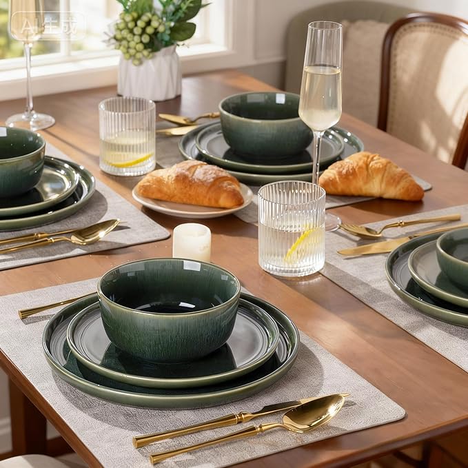 GBHOME Ceramic Dinnerware Sets for 4, 12 Pieces Stoneware Plates and Bowls Sets, Scratch Resistant Dishes, Dishwasher & Microwave Safe, Reactive Glaze-Earth Green
