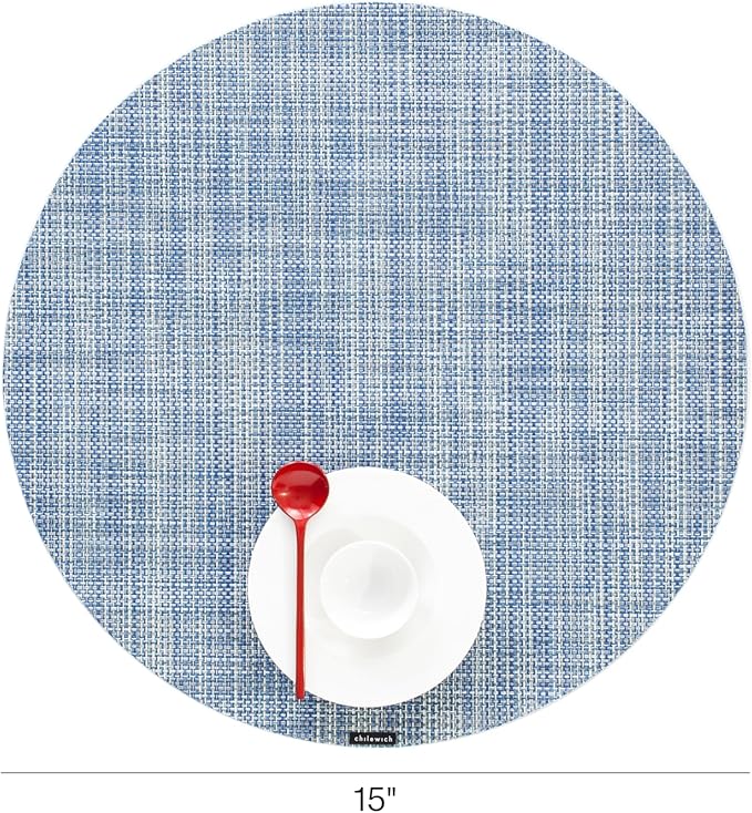 Chilewich Mini Basketweave Placemats in Chambray - Set of 4 - Easy Care Woven Tabletop Textiles - Indoor/Outdoor - 15" Round