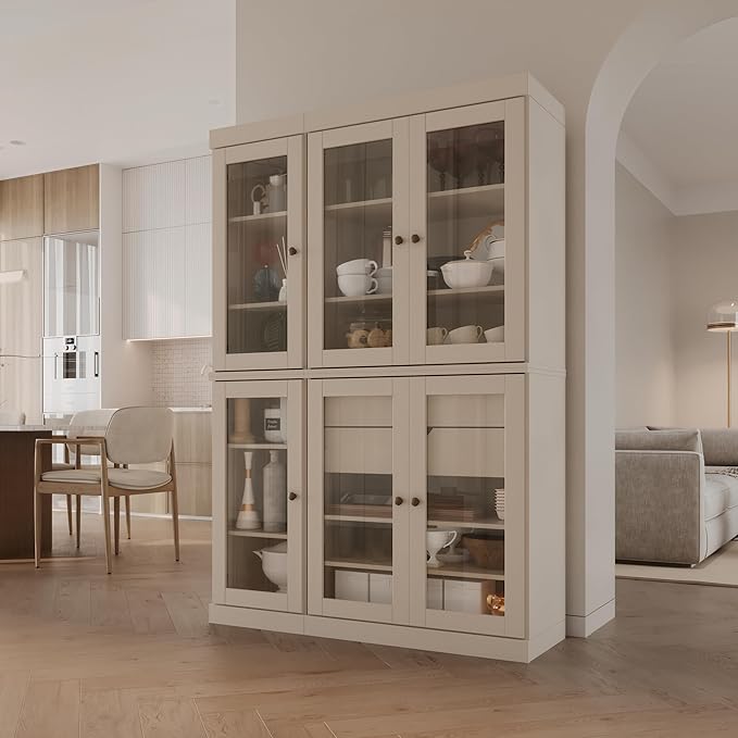 Palace Imports 100% Solid Wood 48.5" Pantry China Cabinet with Clear Glass Doors, 2-Drawers and Adjustable Shelves (Beige)