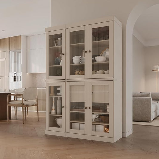 Palace Imports 100% Solid Wood 48.5" Pantry China Cabinet with Clear Glass Doors, 2-Drawers and Adjustable Shelves (Beige)