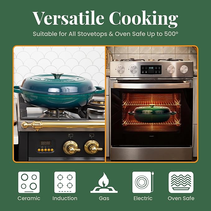Larder & Vine Enameled Cast Iron Braiser | 3.6 qt Braiser Pan with Lid | Shallow Dutch Oven Compatible on All Cooktops | Casserole Dish Oven Safe to 500째 F | Dual Handles | Bondi