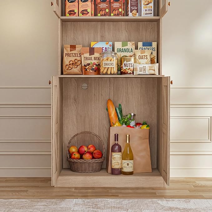 71" Farmhouse Kitchen Pantry Cabinet Set of 2, Brown Freestanding Coffee Bar Hutch with Glass Doors, Drawers & Adjustable Shelves, Large Storage Cabinet with Microwave Stand for Living Room & Kitchen