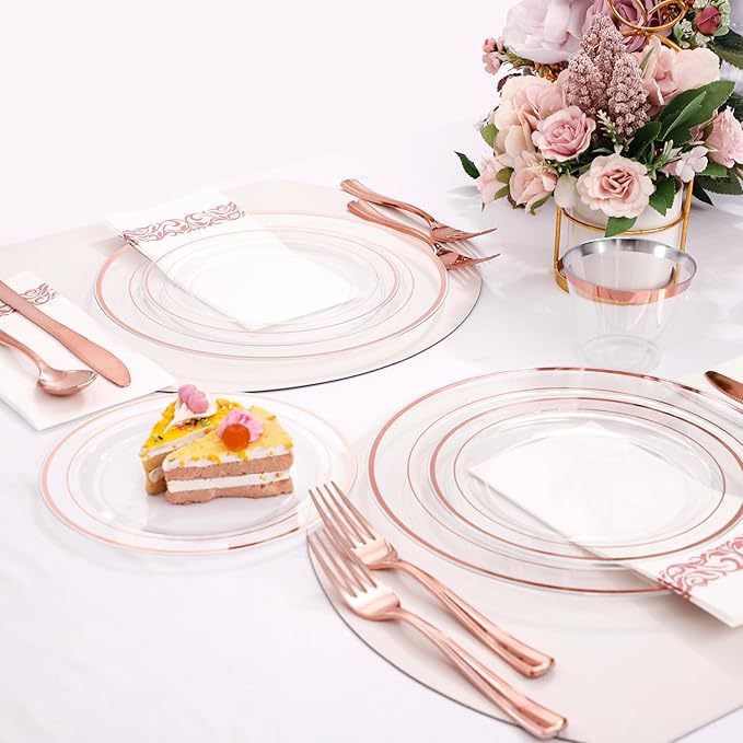 DaYammi 350Pcs Rose Gold Dinnerware Set Include: 50 Dinner Plates 10.25?쇺?50 Dessert Plates 7.5?쇺?50 Rose Gold Cutlery,50 Disposable Cups 9 OZ with 50 Napkins for Party