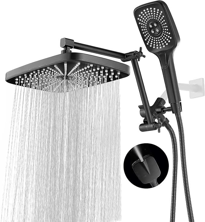 High Pressure Rain Shower Head with Handheld Spray Combo, 12 Inch Rainfall Shower Heads with Adjustable Extention Arm, Wide Dual Waterfall Showerhead with 3-Way Diverter(Matte Black)