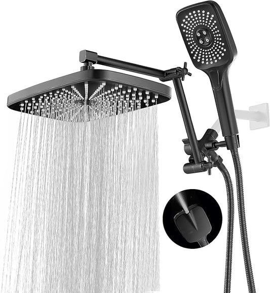 High Pressure Rain Shower Head with Handheld Spray Combo, 12 Inch Rainfall Shower Heads with Adjustable Extention Arm, Wide Dual Waterfall Showerhead with 3-Way Diverter(Matte Black)