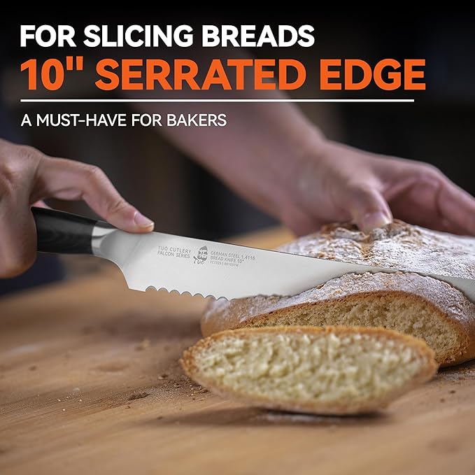 TUO Bread Knife, 10 inch Upgraded Serrated Knife for Homemade Sourdough Bread, High Carbon German Steel with Ergonomic Handle, Gift Box - Falcon Series