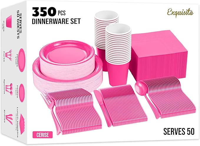 Exquisite 350 Pcs Hot Pink Paper Plates For Party, Hot Pink Disposable Plates Set, 50 Of Each 9" Dinner Plate Set, 7" Dessert Plate, Cups, Napkins & Cutlery Paper Dinnerware