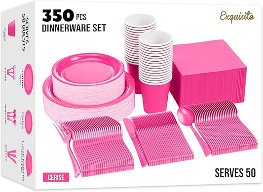 Exquisite 350 Pcs Hot Pink Paper Plates For Party, Hot Pink Disposable Plates Set, 50 Of Each 9" Dinner Plate Set, 7" Dessert Plate, Cups, Napkins & Cutlery Paper Dinnerware