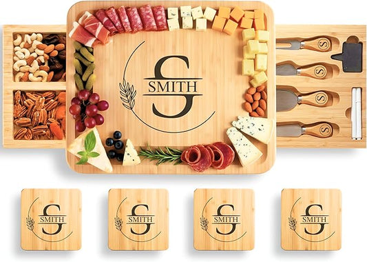 Personalized Bamboo Charcuterie Board Set with Accessories ??Large Serving Tray with Knives & Smooth Surface for Cutting or Serving, Present for Wedding, Christmas, Anniversary, Housewarming Gift