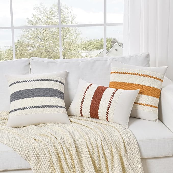 Fancy Homi Set of 2 Neutral Grey Farmhouse Long Lumbar Decorative Throw Pillow Covers 14x24 Inch for Couch Bed Chair, Vintage Country Rustic Retro Room Decor, Soft Thick Cotton Rectangle Cushion Case