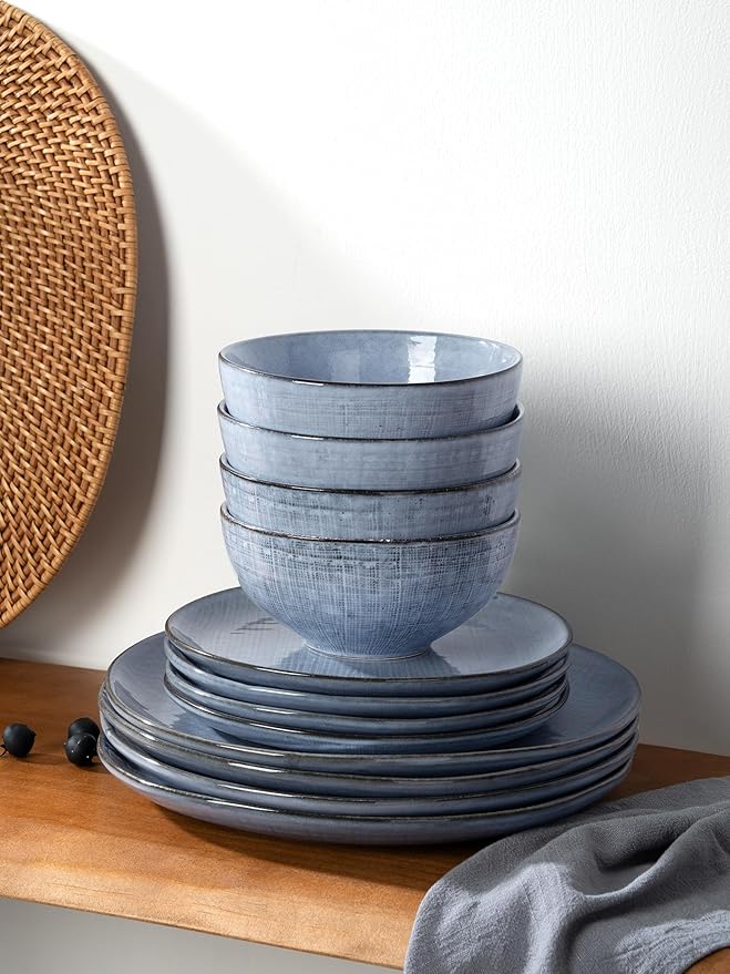 Famiware Moonlight Plates and Bowls Sets, 24 Pieces Stoneware Dinnerware Sets with Linen Finish, Handmade Dishware Set for 8, Microwave and Dishwasher Safe, Chip and Scratch Resistant, Blue