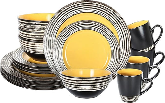 16 Piece Dinnerware Set, Ceramic Plates and Bowls Sets for 4, Microwave and Dishwasher Safe, Handcrafted Tree Bark Series Dish Set, Sunflower/Yellow