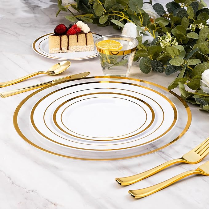 Goodluck 25 Pack Reusable Plastic Clear Charger Plates with Gold Rim, 12-Inch, for Dinner, Wedding, Party, Event Table Decoration, Clear&Gold